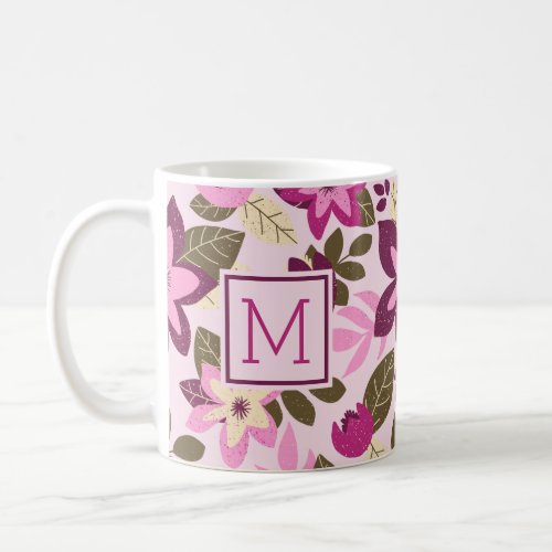 Modern Christmas Pink Floral Monogram Holiday Coffee Mug