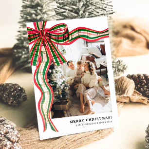 Modern Christmas Plaid Bow Family Photo  Holiday C