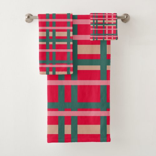 Modern Christmas Plaid Bright Red Green Lines Bath Towel Set