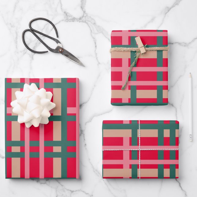 Modern Christmas Plaid Bright Red Green Lines Wrapping Paper Sheets (Front)