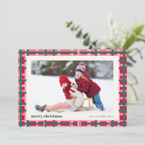 Modern Christmas Plaid Festive Red Green Photo Holiday Card