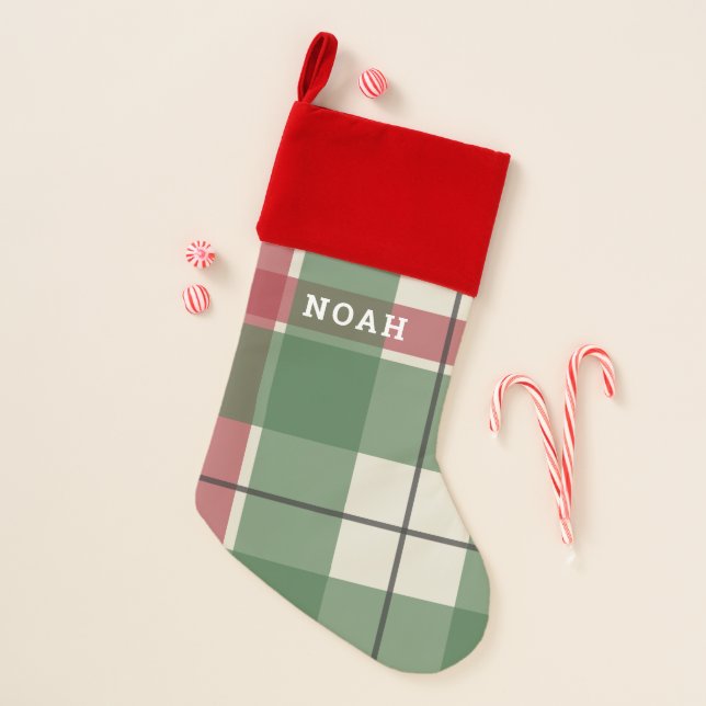 Modern Christmas Plaid Personalized Name Stocking (Front)