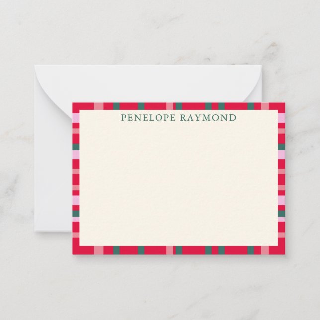 Modern Christmas Plaid Red and Green Personalized Note Card (Front)