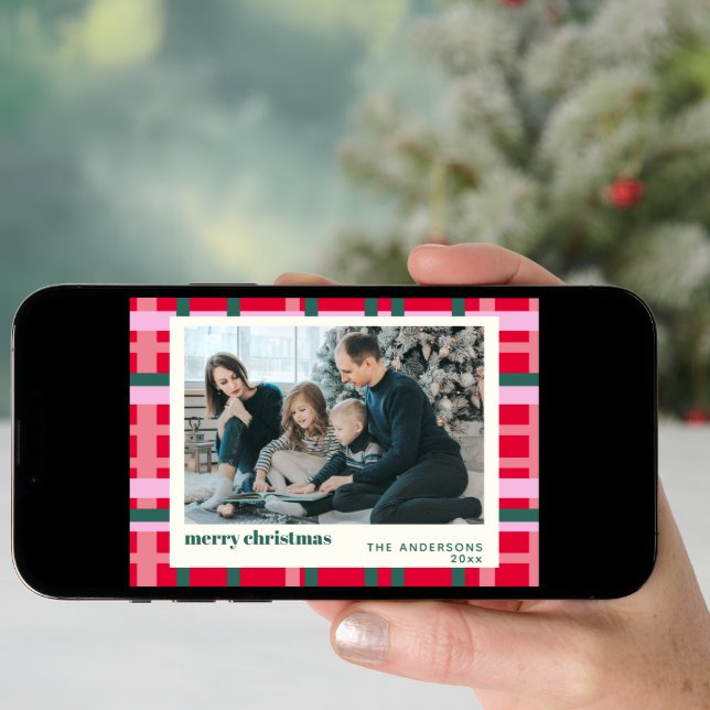 Modern Christmas Plaid Red Green Custom Photo Holiday Card (Front Digital)