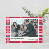 Modern Christmas Plaid Red Green Custom Photo Holiday Card