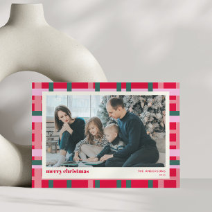 Modern Christmas Plaid Red Green Pink Custom Photo Holiday Card