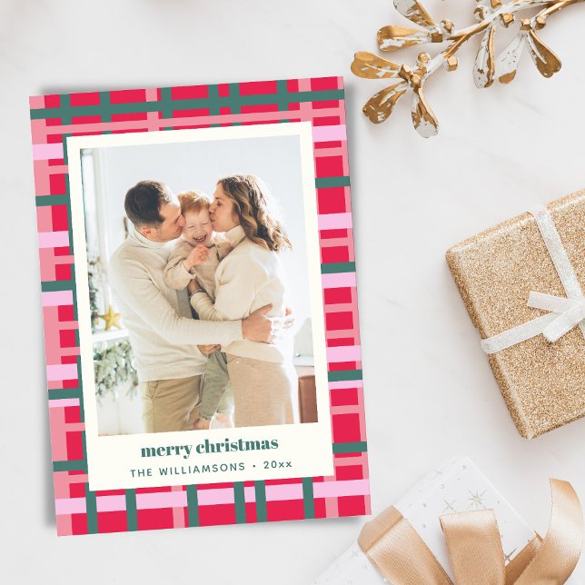 Modern Christmas Plaid Red Green Vertical 2 Photo Holiday Card (Creator Uploaded)
