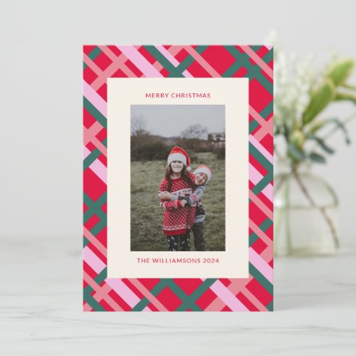 Modern Christmas Plaid Red Green Vertical Photo Holiday Card