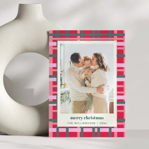 Modern Christmas Plaid Red Green Vertical Photo Holiday Card