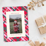 Modern Christmas Plaid Red Green Vertical Photo Holiday Card<br><div class="desc">Spread holiday cheer with this Modern Christmas Plaid Red Green Vertical Photo Holiday Card. Featuring a classic plaid pattern in festive red and green, this card adds a touch of contemporary flair to a beloved holiday motif. The vertical layout perfectly showcases your favorite photo, making it a standout piece that...</div>