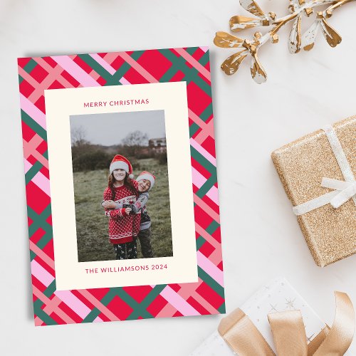 Modern Christmas Plaid Red Green Vertical Photo Holiday Card