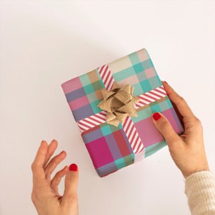 Modern Christmas Plaid tartan retro hot pink aqua Wrapping Paper
