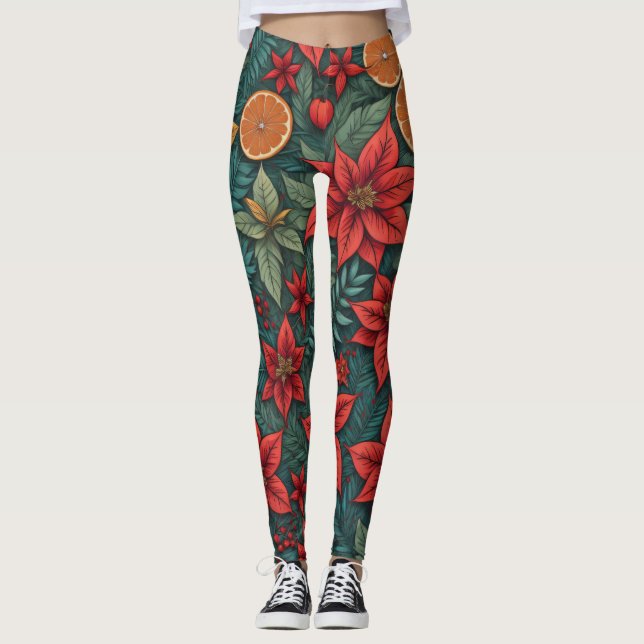 Modern Christmas Poinsettia Oranges Leaves  Leggings (Front)