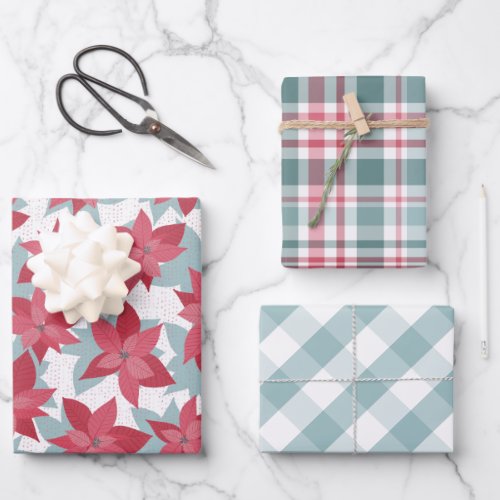 Modern Christmas Poinsettia Plaid Wrapping Paper Sheets
