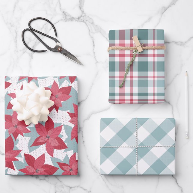 Modern Christmas Poinsettia Plaid Wrapping Paper Sheets (Front)
