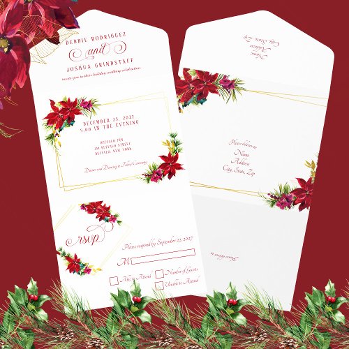 Modern Christmas Poinsettia Wedding All In One Invitation