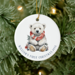 Modern Christmas Polar Bear with Red Scarf Round Ceramic Ornament