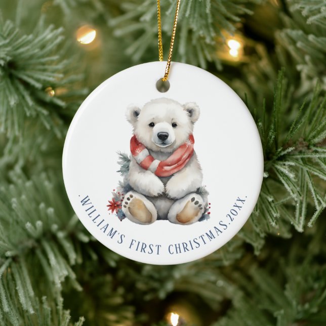Modern Christmas Polar Bear with Red Scarf Round Ceramic Ornament (Tree)