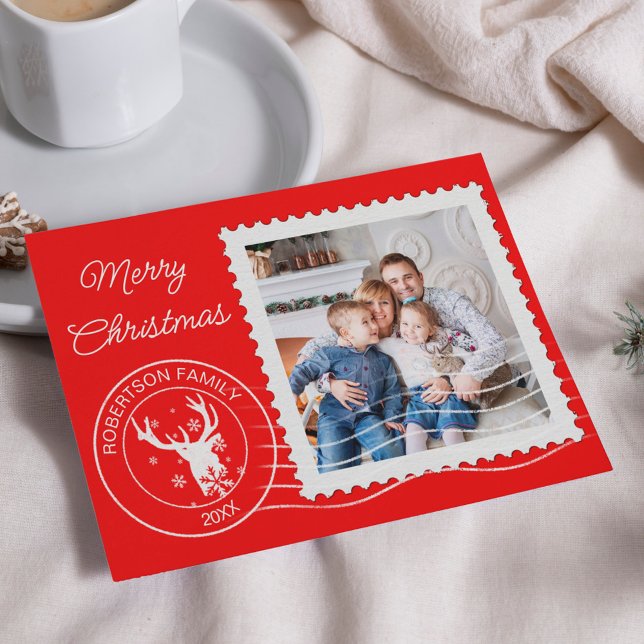 Modern Christmas Postage Stamp Photo Red Holiday Card (Creator Uploaded)