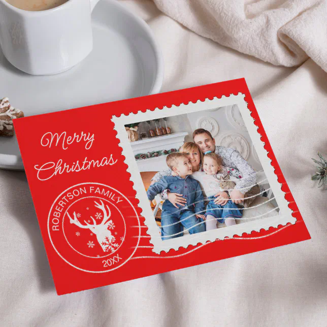 Modern Christmas Postage Stamp Photo Red Holiday Card Zazzle