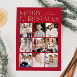 Modern Christmas Red 9 Photo Collage Foil Holiday Card<br><div class="desc">Modern Christmas photo card featuring "Merry Christmas" displayed at the top of the design in trendy gold foil lettering with a red background. A photo collage of 9 photos is shown below in a grid-style layout. Personalize the multi-photo Christmas card with your family name. The foil card reverses to display...</div>