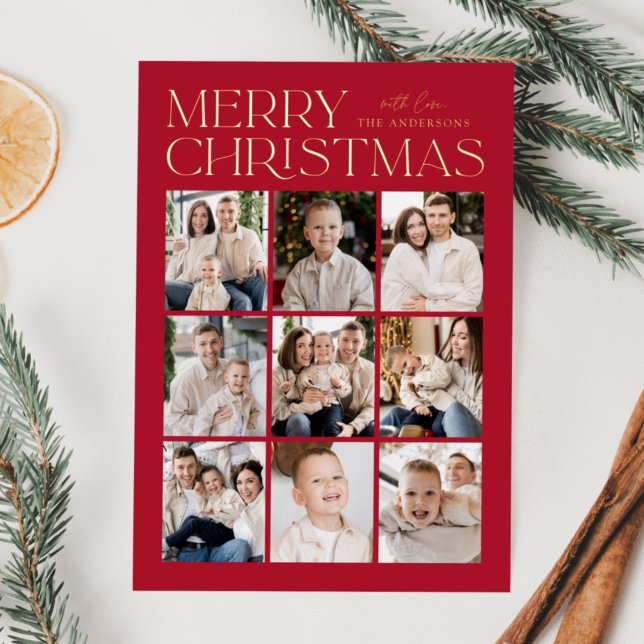 Modern Christmas Red 9 Photo Collage Foil Holiday Card (Creator Uploaded)
