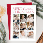 Modern Christmas Red 9 Photo Collage Holiday Card<br><div class="desc">Modern Christmas photo card featuring "Merry Christmas" displayed at the top of the design in trendy red lettering with a white background. A photo collage of 9 photos is shown below in a grid-style layout. Personalize the multi-photo Christmas card with your family name. The card reverses to display a red...</div>