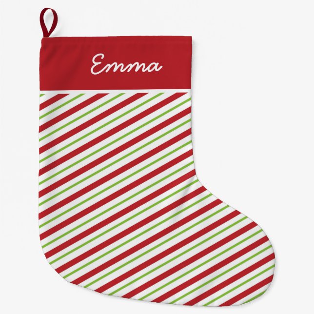 Modern Christmas Red and Green Stripes Large Christmas Stocking (Front)