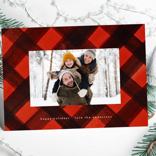 Modern Christmas Red Black Plaid Photo Frame Holiday Card
