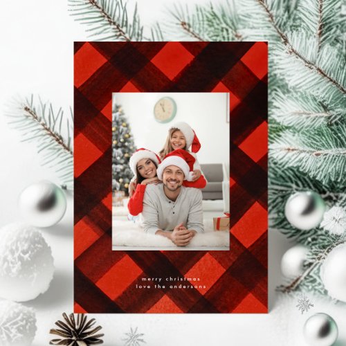 Modern Christmas Red Black Tartan Photo Frame Holiday Card