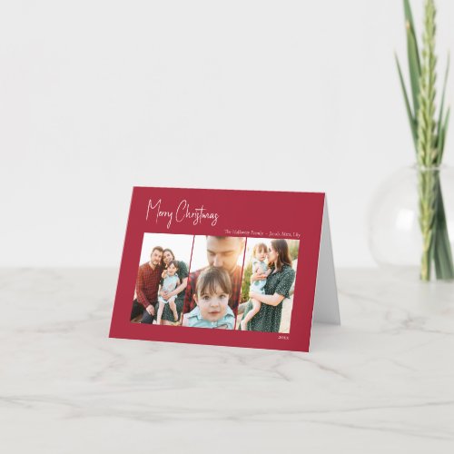 Modern Christmas  Red Folded Three_Photo Holiday Card