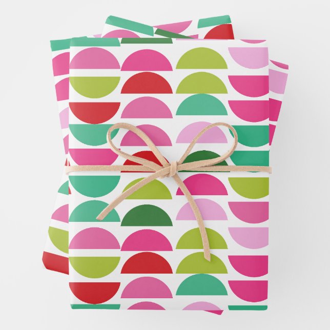 Modern Christmas Red Green Pink Geometric Cute Wrapping Paper Sheets (In situ)