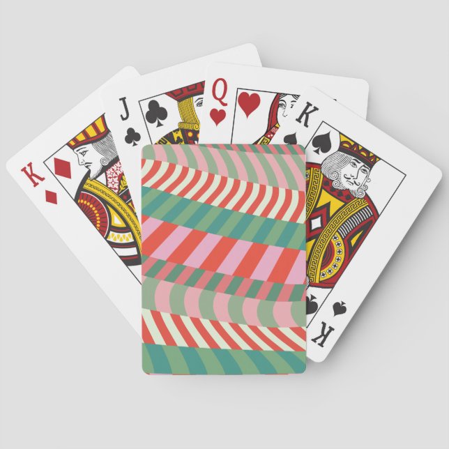 Modern Christmas Red Green Pink Geometric Stripes Poker Cards (Back)