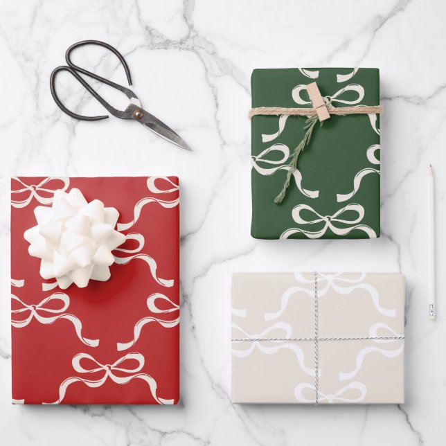 Modern Christmas Red Green White Retro Bows  Wrapping Paper Sheets (Front)