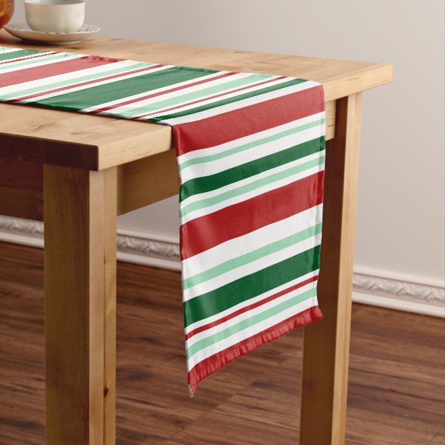Modern Christmas Red, Green, White Stripes Short Table Runner (In Situ)