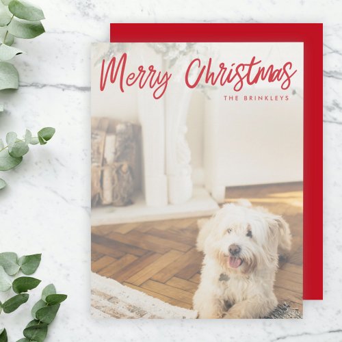 Modern Christmas  Red Handwritten Dog Photo Holiday Card