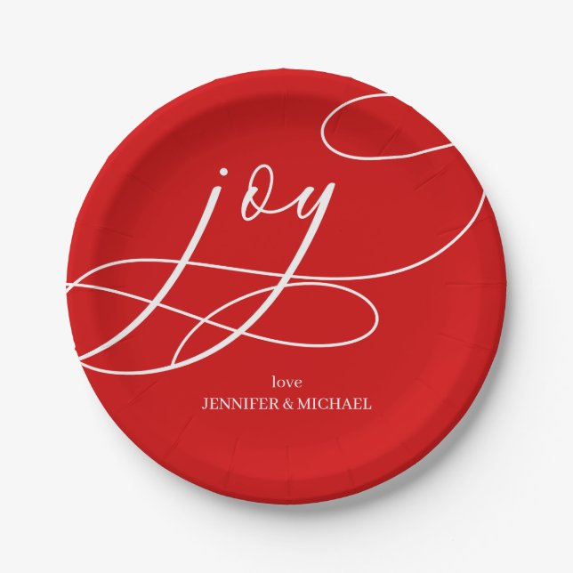 Modern Christmas | Red Minimal Joy Paper Plates (Front)