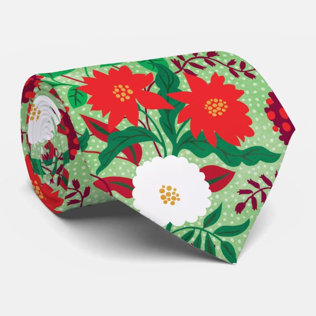 Modern Christmas Red Poinsettia Floral Pattern Neck Tie (Rolled)