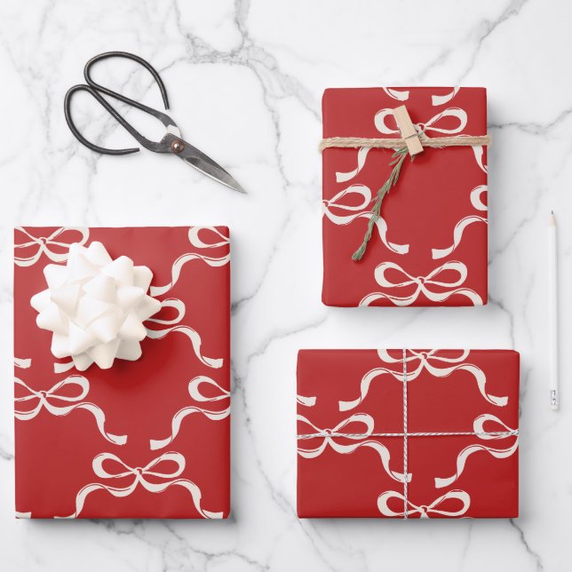 Modern Christmas Red Retro Holiday Bows  Wrapping Paper Sheets (Front)