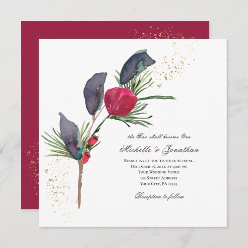 Modern Christmas Red Rose Winter Greenery Wedding Invitation
