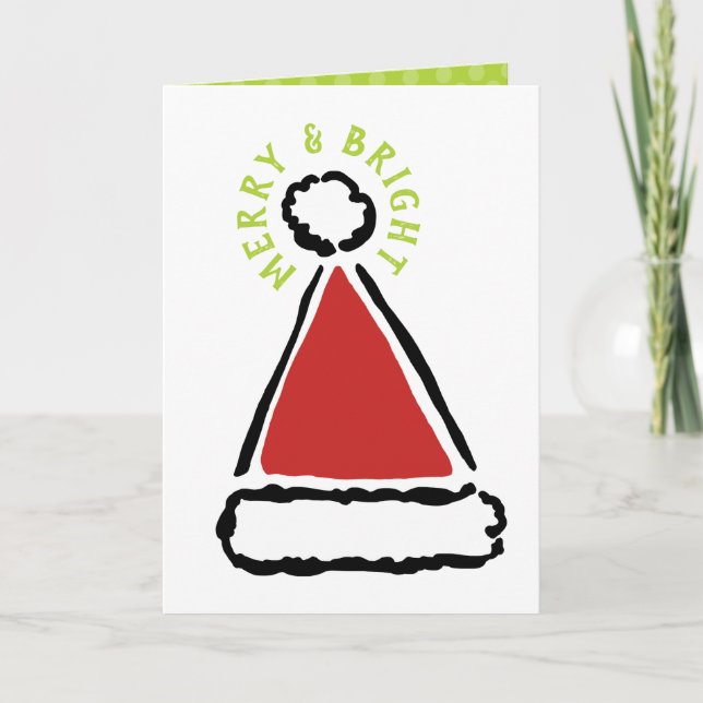 Modern Christmas Red Santa Hat Merry Bright Holiday Card (Front)