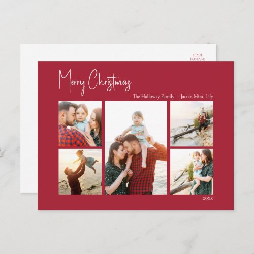 Modern Christmas  Red Script Five_Photo Holiday Postcard