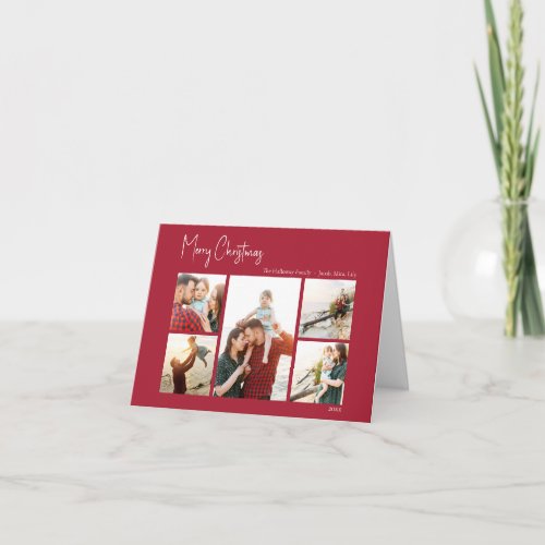 Modern Christmas  Red Script Folded Five_Photo Holiday Card