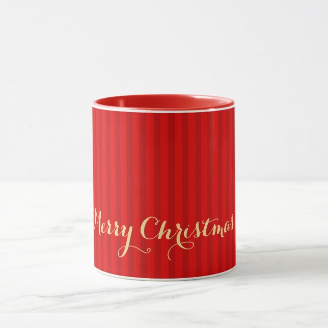 Modern Christmas Red Stripes Faux Gold Name Custom Mug (Center)