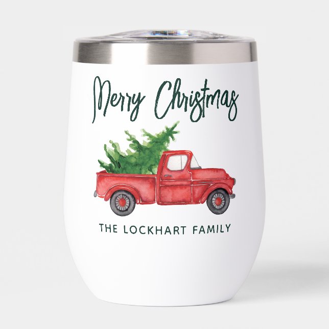 Modern Christmas Red Truck Script Holiday Thermal Wine Tumbler (Front)