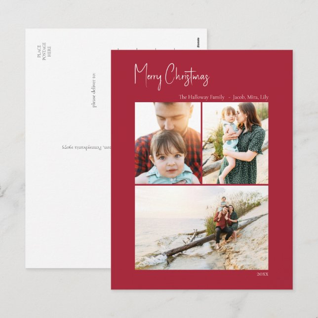 Modern Christmas | Red Vertical 3 Photo Holiday Postcard (Front/Back)