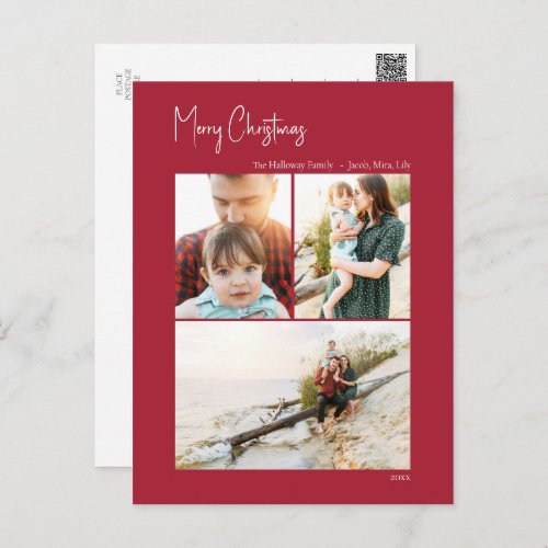 Modern Christmas  Red Vertical 3 Photo Holiday Postcard