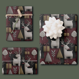 Modern Christmas Reindeer Red And Gold Pattern Wrapping Paper Sheets