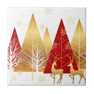 Modern Christmas Reindeer Red Gold Winter Snow Ceramic Tile