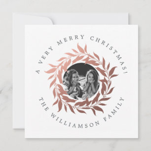 Modern Christmas Rose Gold Wreath Photo Holiday Card